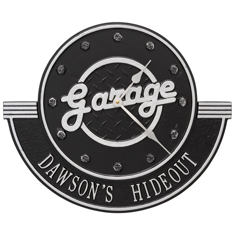 Whitehall Garage 12" Indoor Outdoor Wall Clock Personalized Plaque - Black/Silver