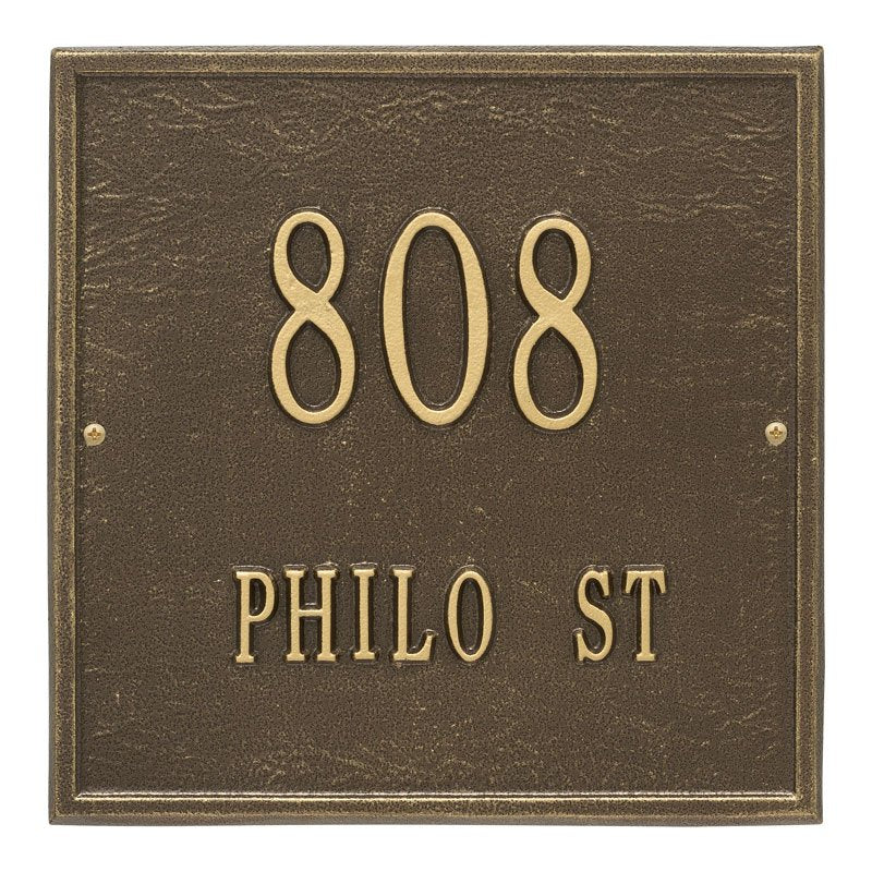 Whitehall Square Standard Wall 2-Line Personalized Address Plaque - Antique Brass