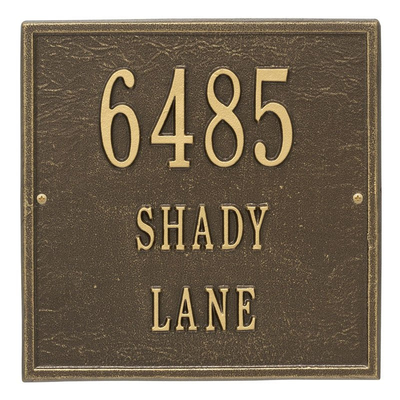Whitehall Square Standard Wall 3-Line Personalized Address Plaque - Antique Brass