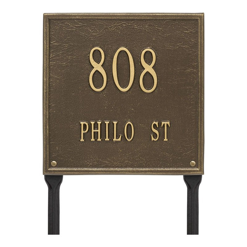 Whitehall Square Standard Lawn 2-Line Personalized Address Plaque - Antique Brass