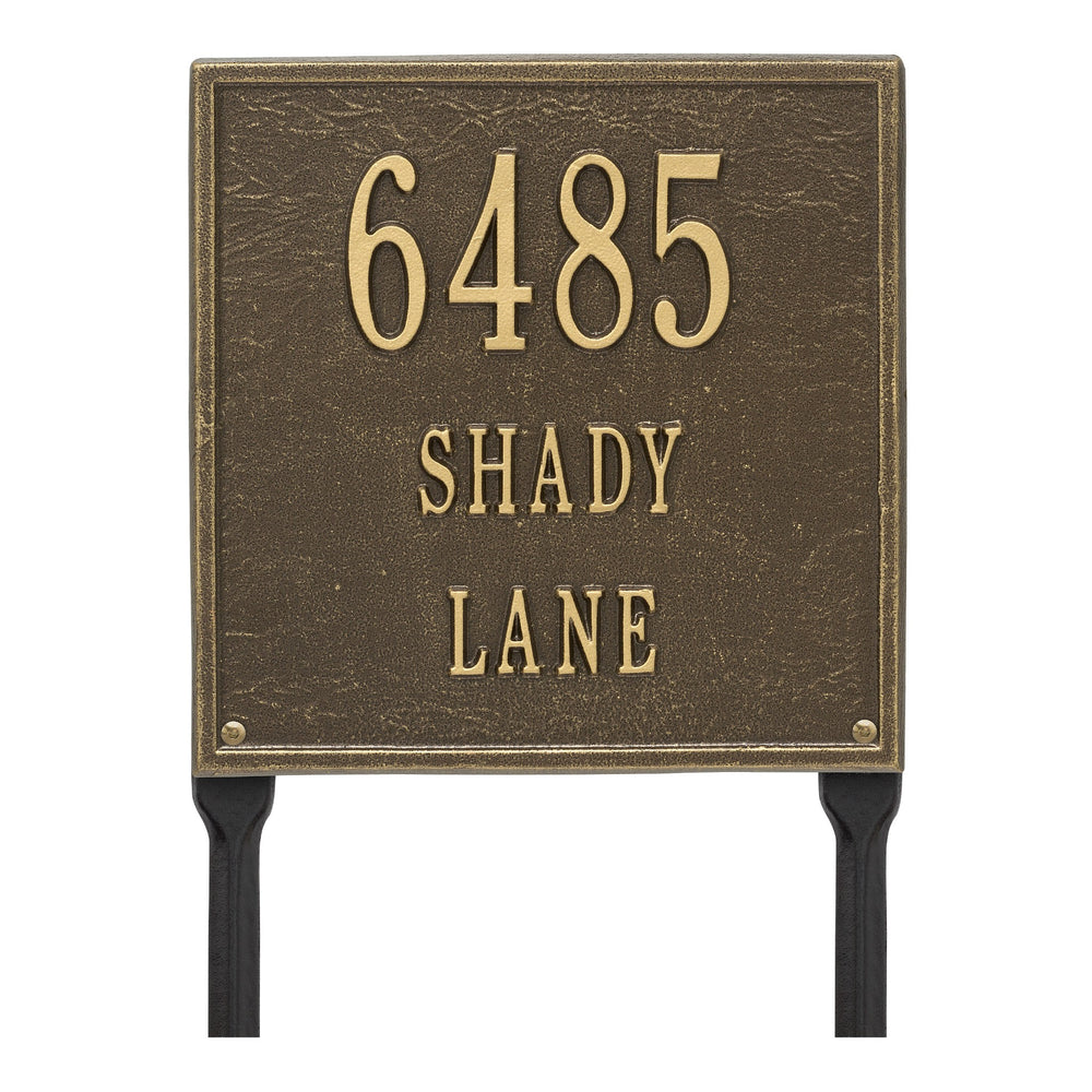 Whitehall Square Standard Lawn 3-Line Personalized Address Plaque - Antique Brass