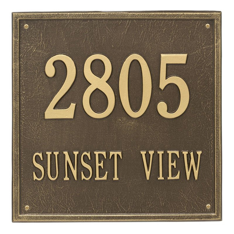Whitehall Square Estate Wall 2-Line Personalized Address Plaque - Antique Brass
