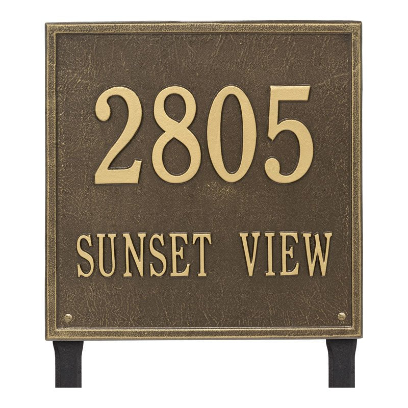 Whitehall Square Estate Lawn 2-Line Personalized Address Plaque - Antique Brass