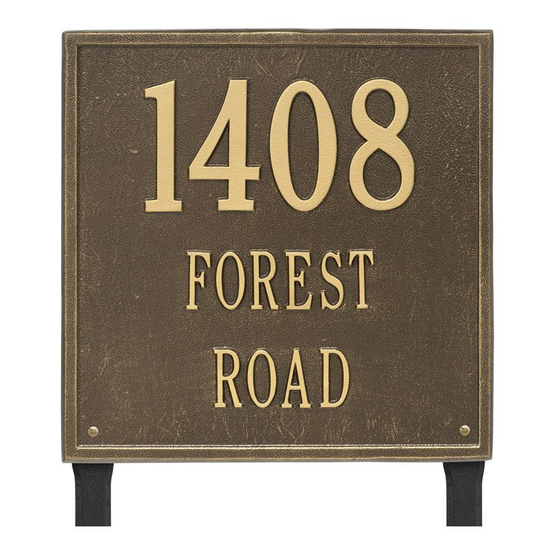 Whitehall Square Estate Lawn 3-Line Personalized Address Plaque - Antique Brass