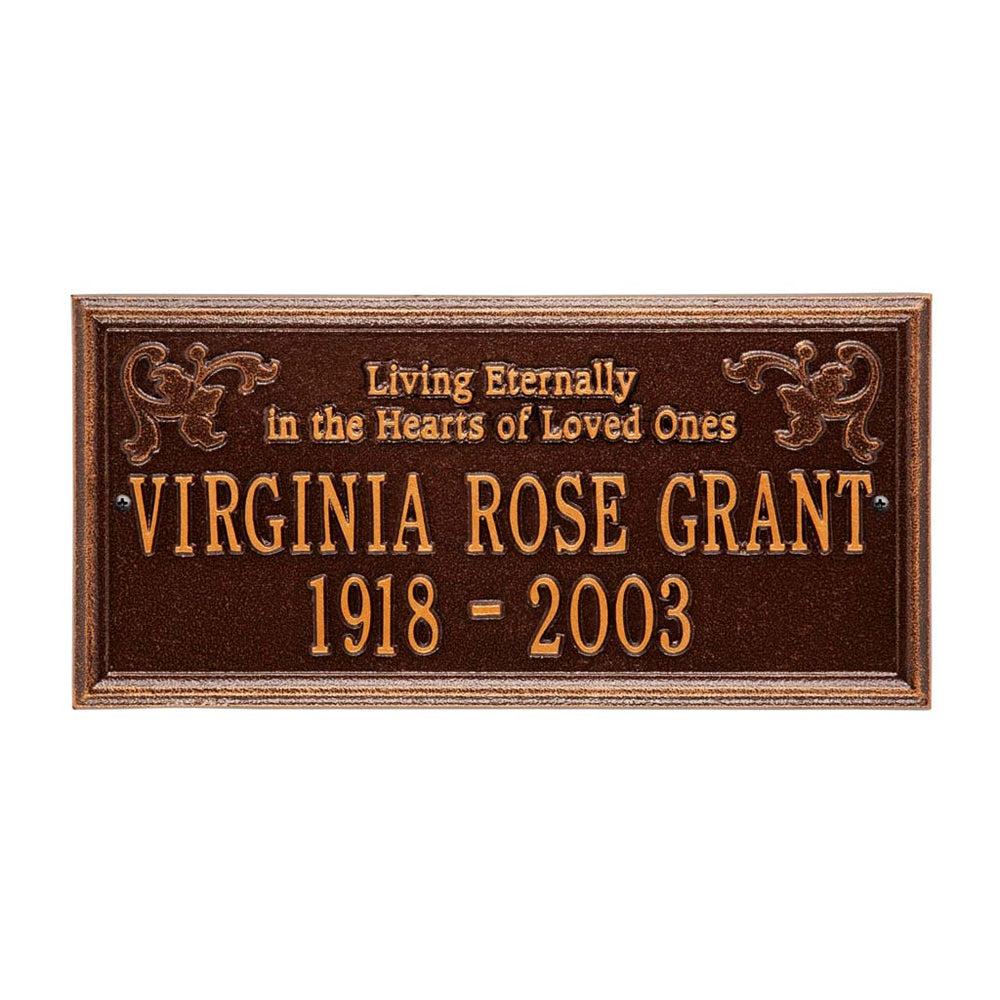 Whitehall Wilmington Standard Wall 2-Line "Living Eternally" Personalized Memorial Plaque - Antique Copper
