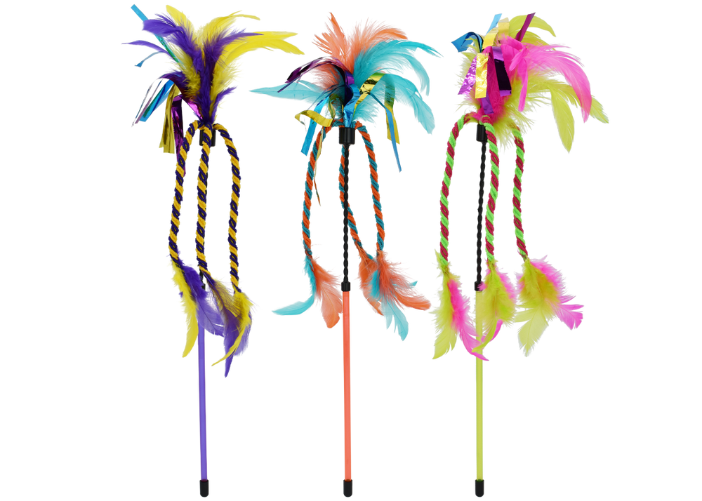 Multipet Cat Wand with Feathers & Ribbon Cat Toy - 17"