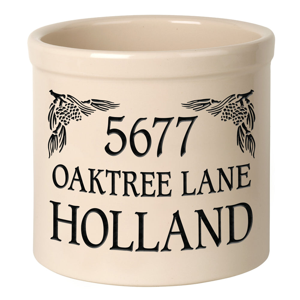 Whitehall Pinecone Address 2 Gallon Stoneware Personalized Crock - Bristol Crock, Black Engraving