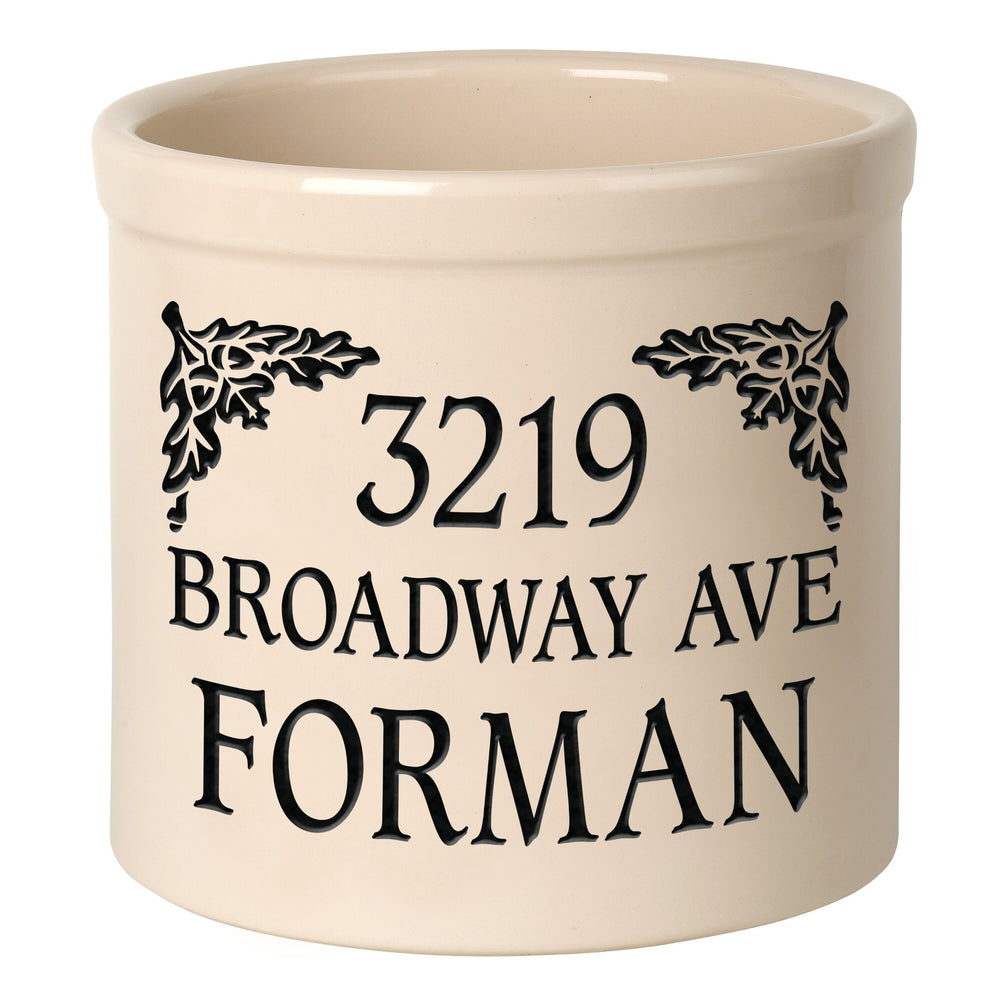 Whitehall Oak Leaf Address 2 Gallon Stoneware Personalized Crock - Bristol Crock, Black Engraving