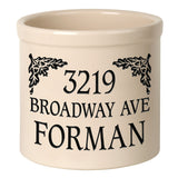 Whitehall Oak Leaf Address 2 Gallon Stoneware Personalized Crock - Bristol Crock, Black Engraving