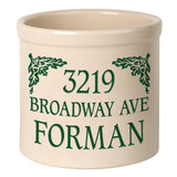 Whitehall Oak Leaf Address 2 Gallon Stoneware Personalized Crock - Bristol Crock, Green Engraving