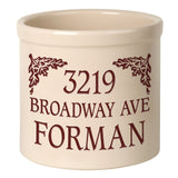 Whitehall Oak Leaf Address 2 Gallon Stoneware Personalized Crock - Bristol Crock, Red Engraving