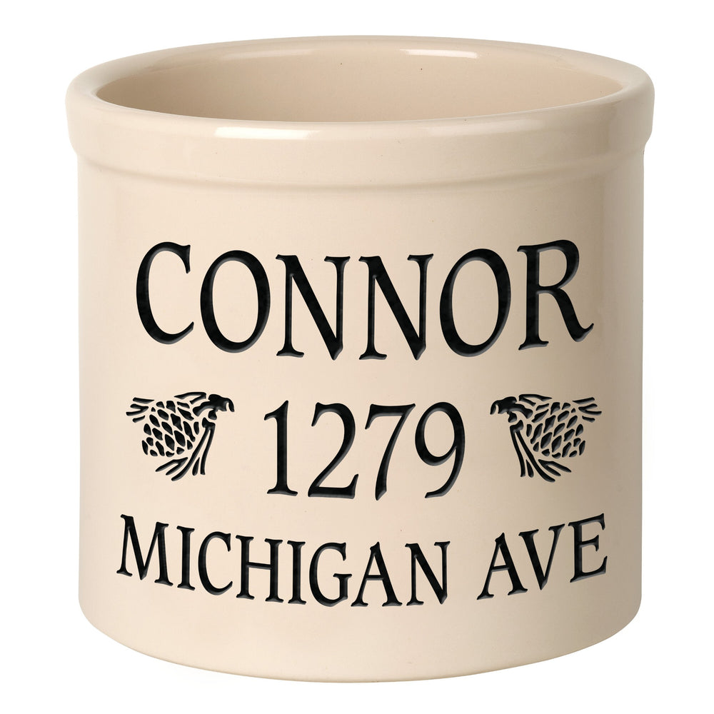Whitehall Pinecone Name & Address 2 Gallon Stoneware Personalized Crock - Bristol Crock, Black Engraving