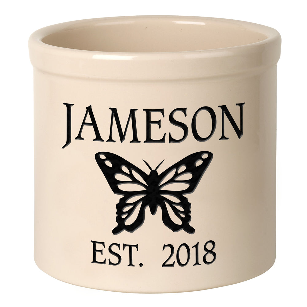 Whitehall Butterfly Established 2 Gallon Personalized Crock - Bristol Crock, Black Engraving