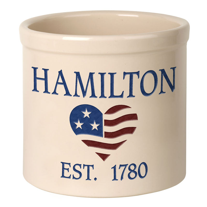 Whitehall Heart Flag 2 Gallon Stoneware Personalized Crock - Bristol Crock, Multi Color Engraving