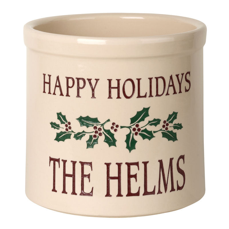 Whitehall Holiday Holly 2 Gallon Stoneware Personalized Crock - Bristol Crock, Multi Color Engraving