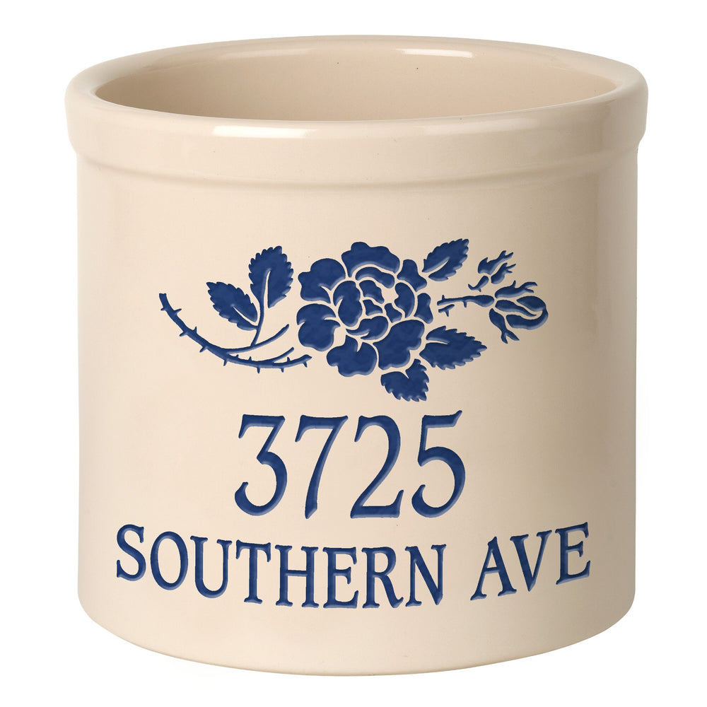 Whitehall Rose Stem 2 Gallon Stoneware Personalized Crock - Bristol Crock, Blue Engraving