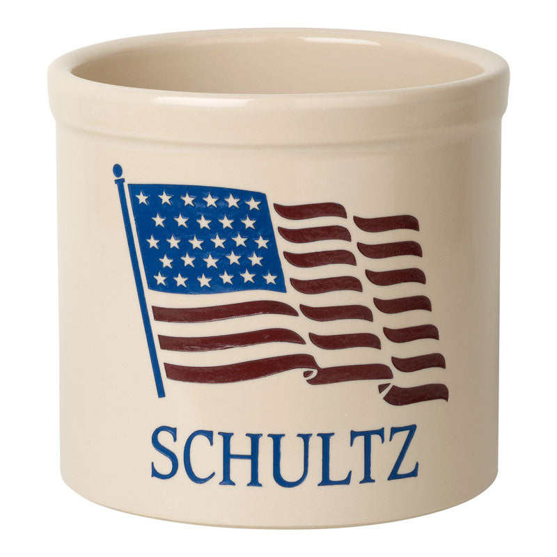 Whitehall American Heritage Flag 2 Gallon Stoneware Personalized Crock - Bristol Crock, Multi Color Engraving