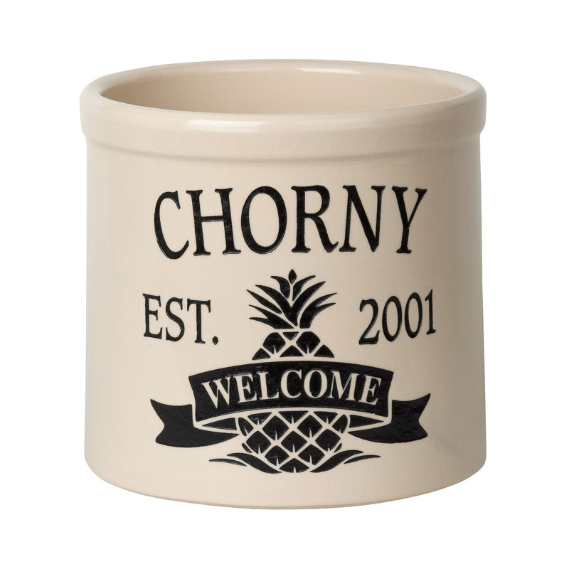 Whitehall Pineapple Established / Welcome 2 Gallon Personalized Crock - Black Engraving/Bristol Crock