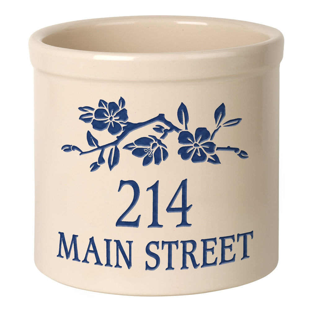 Whitehall Dogwood Branch 2 Gallon Stoneware Personalized Crock - Bristol Crock, Blue Engraving