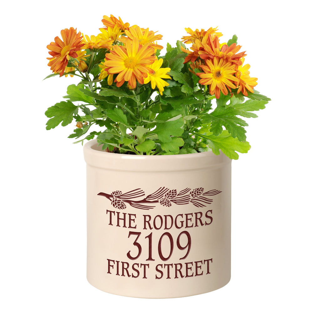 Whitehall Pinecone Banner 2 Gallon Stoneware Personalized Crock - Bristol Crock, Red Engraving