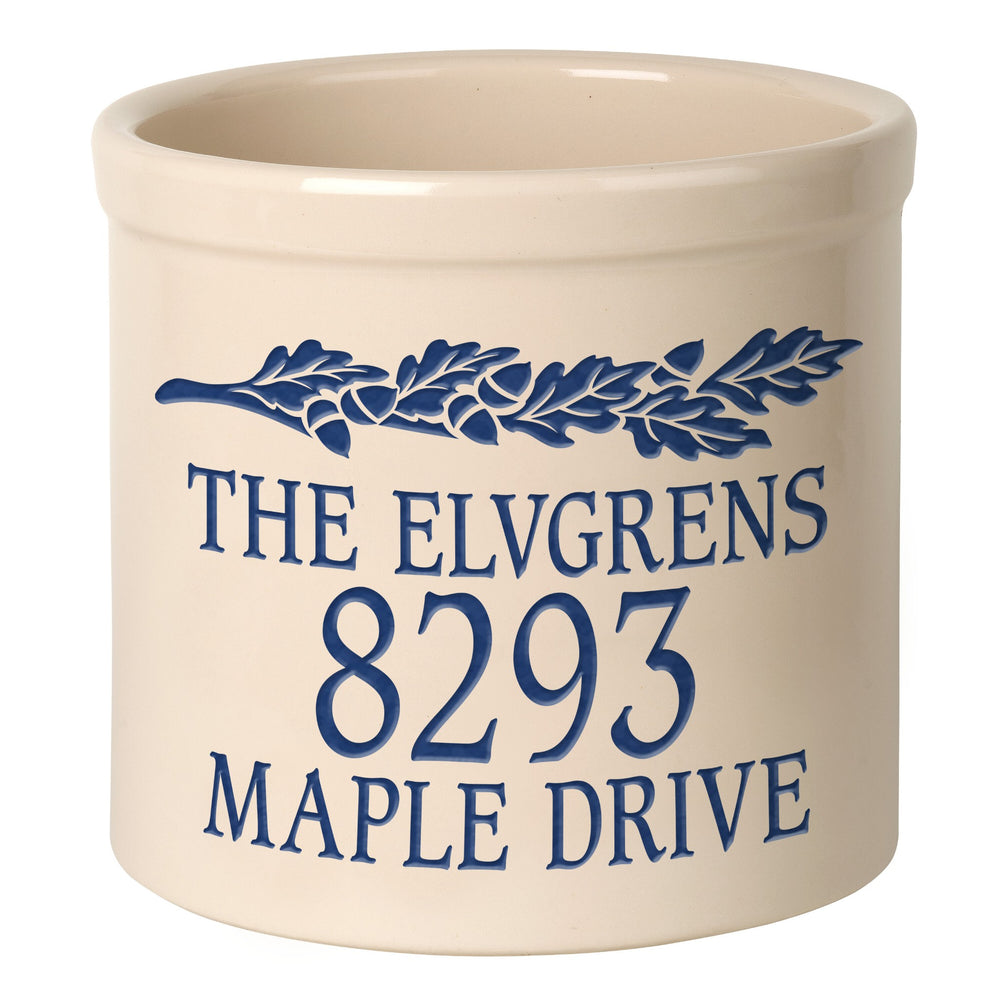 Whitehall Oak Leaf Banner 2 Gallon Stoneware Personalized Crock - Bristol Crock, Blue Engraving