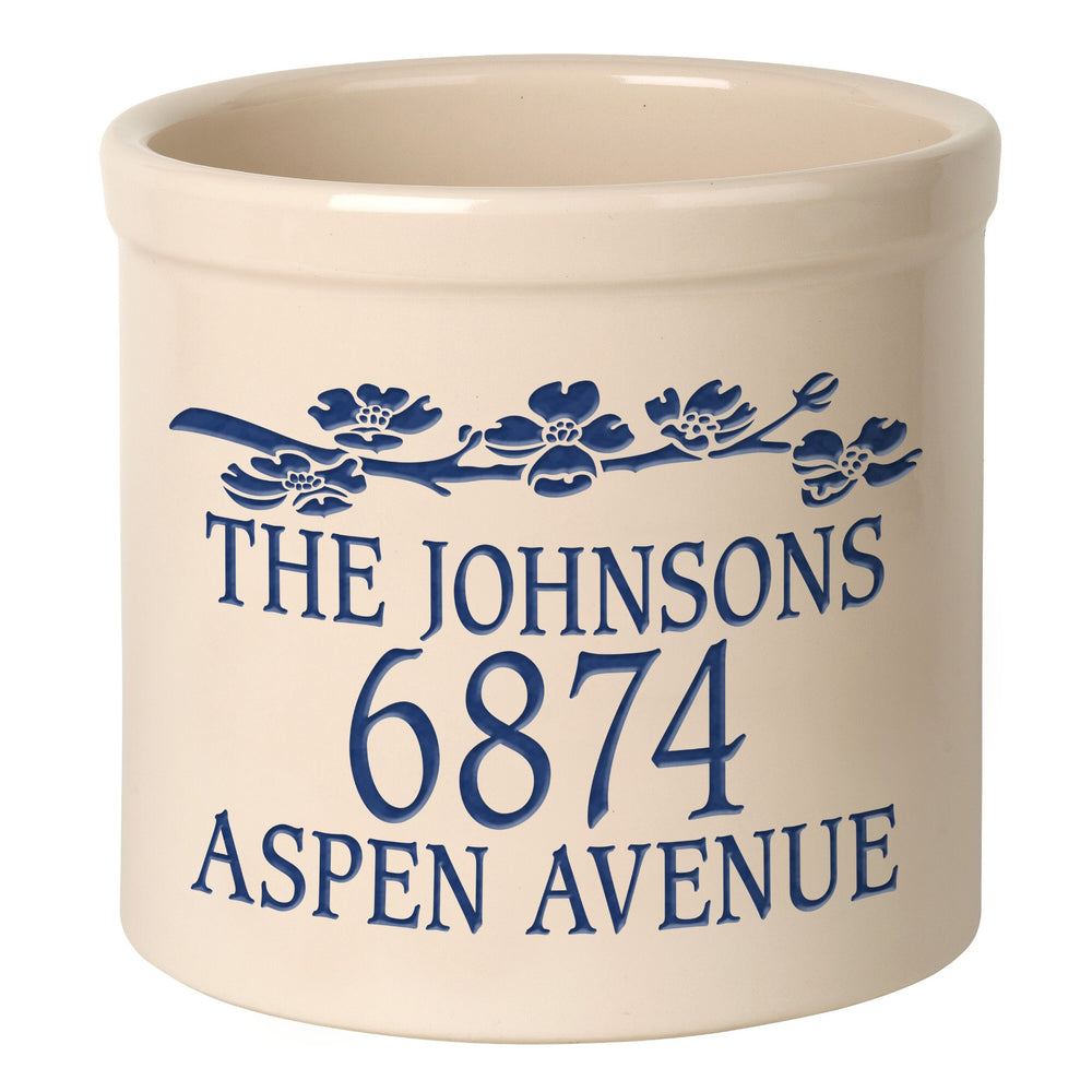 Whitehall Dogwood 2 Gallon Stoneware Personalized Crock - Bristol Crock, Blue Engraving
