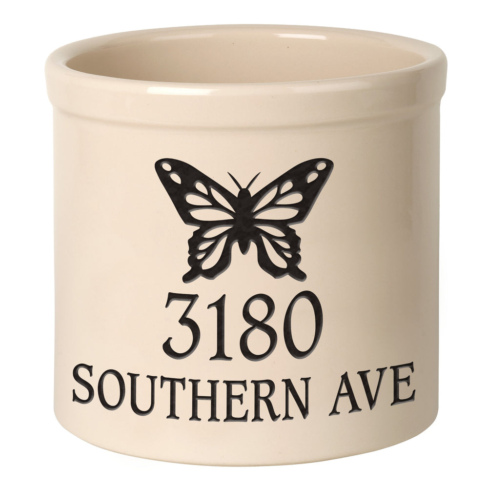 Whitehall Butterfly Address 2 Gallon Stoneware Personalized Crock - Bristol Crock, Black Engraving