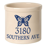 Whitehall Butterfly Address 2 Gallon Stoneware Personalized Crock - Bristol Crock, Blue Engraving
