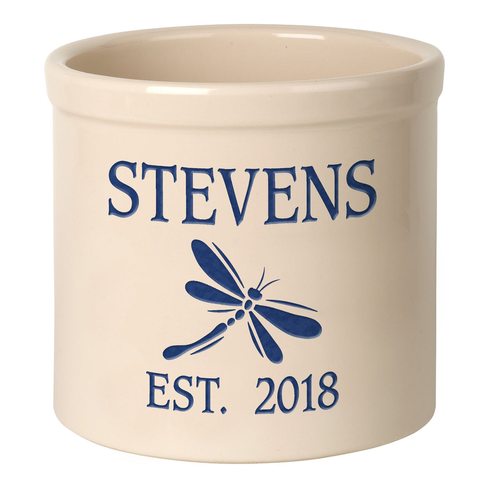Whitehall Dragonfly Established 2 Gallon Personalized Crock - Bristol Crock, Blue Engraving