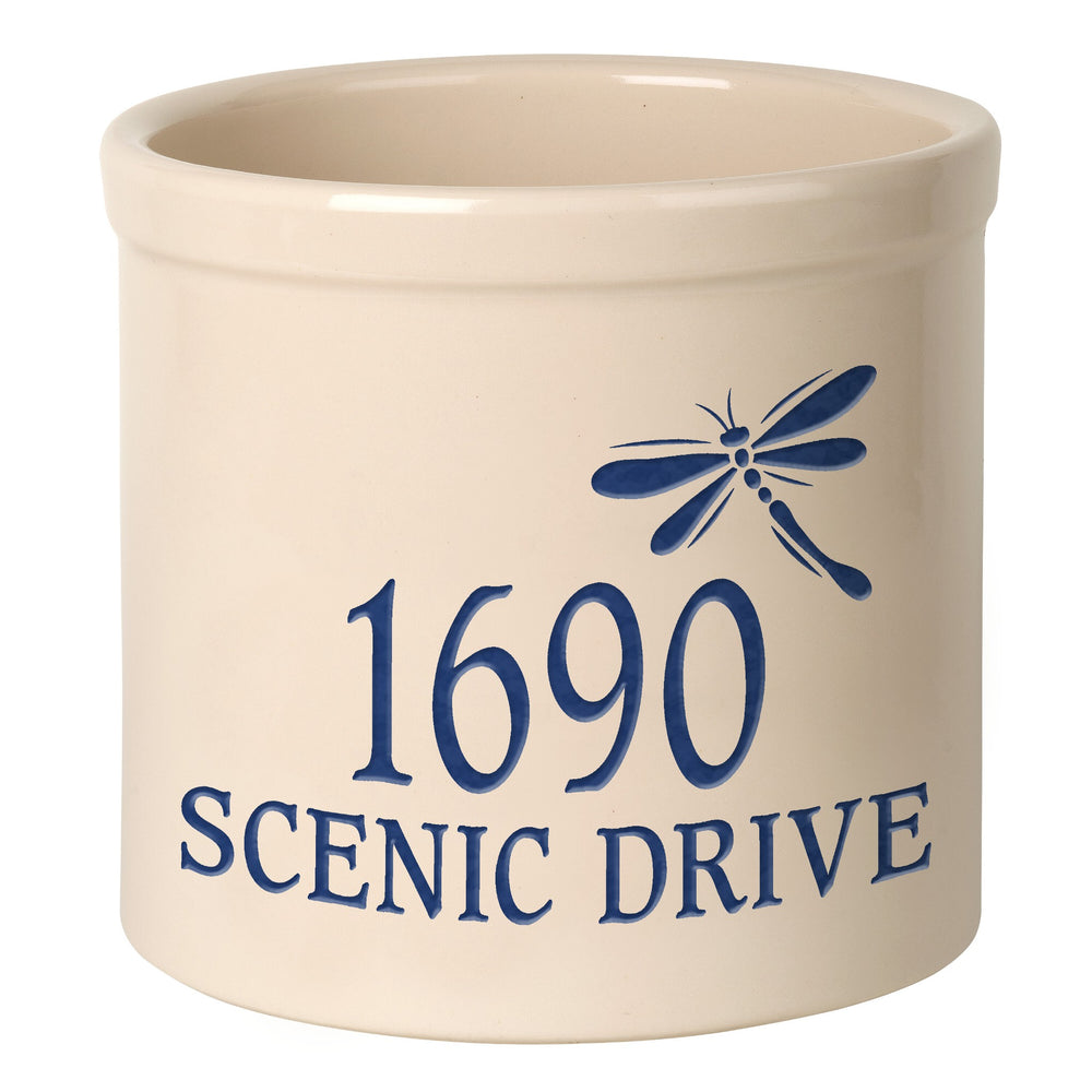 Whitehall Dragonfly Address 2 Gallon Stoneware Personalized Crock - Bristol Crock, Blue Engraving