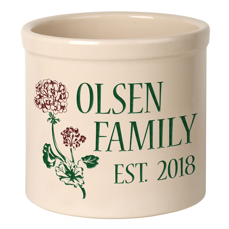 Whitehall Geranium Established 2 Gallon Stoneware Personalized Crock - Bristol Crock, Multi Color Engraving
