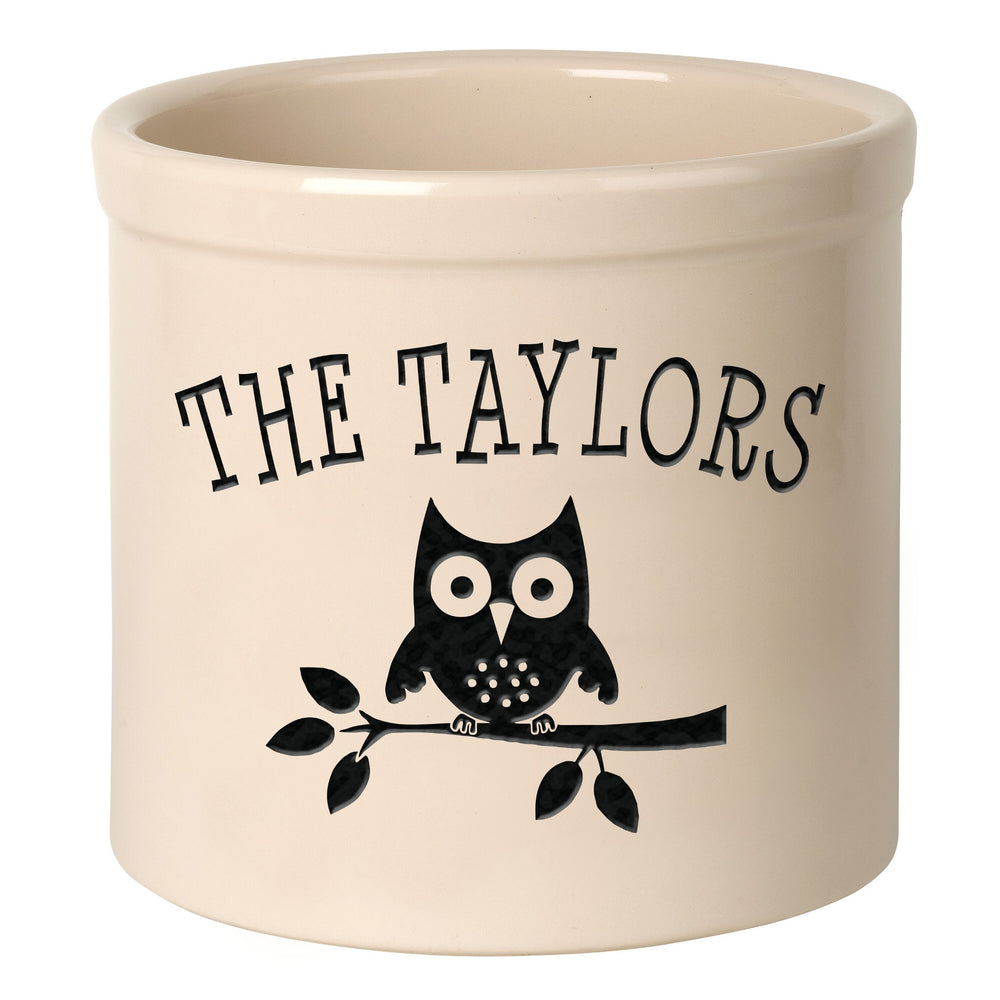 Whitehall Owl 2 Gallon Stoneware Personalized Crock - Bristol Crock, Black Engraving