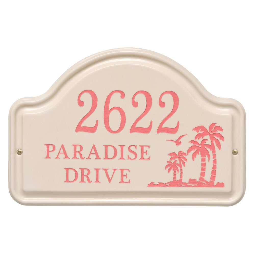 Whitehall Palm Ceramic Arch 3-Line Personalized Address Plaque - Bristol Plaque With Coral Etching