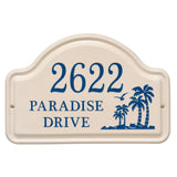 Whitehall Palm Ceramic Arch 3-Line Personalized Address Plaque - Bristol Plaque With Dark Blue Etching