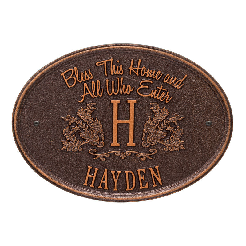 Whitehall Bless This Home Monogram Oval Standard Wall 1-Line Personalized Address Plaque - Antique Copper