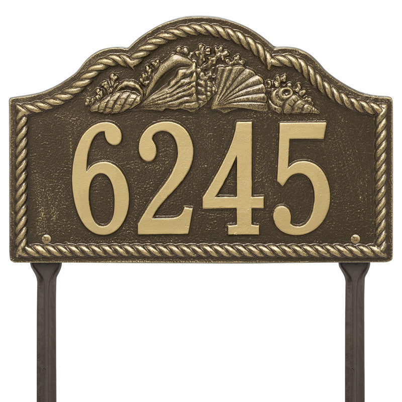 Whitehall Rope Shell Arch Lawn 1-Line Personalized Address Plaque - Antique Brass