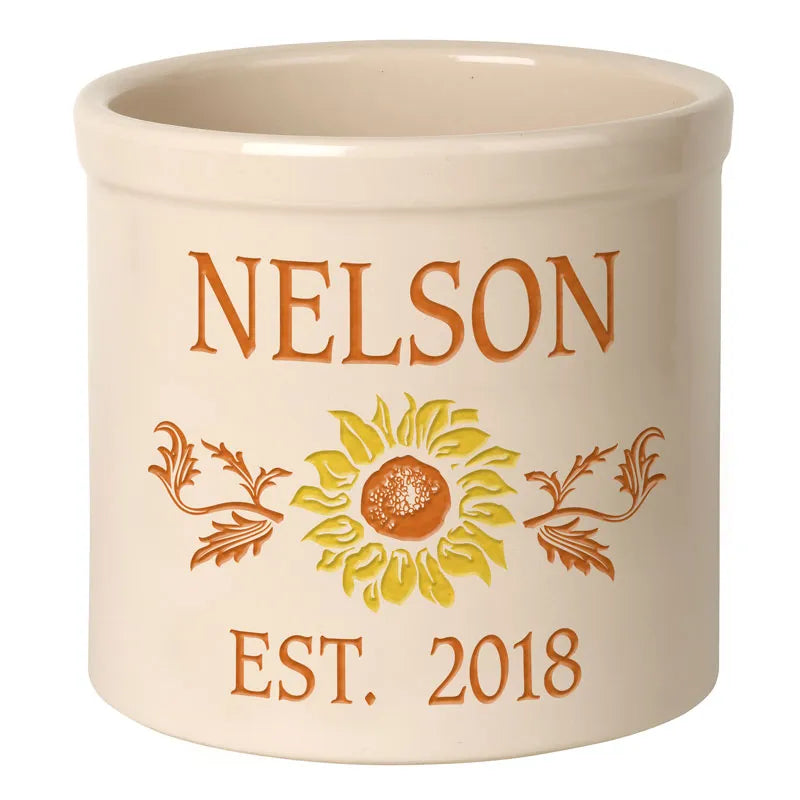 Whitehall Sunflower Established 2 Gallon Stoneware Personalized Crock - Bristol Crock, Multi Color Engraving