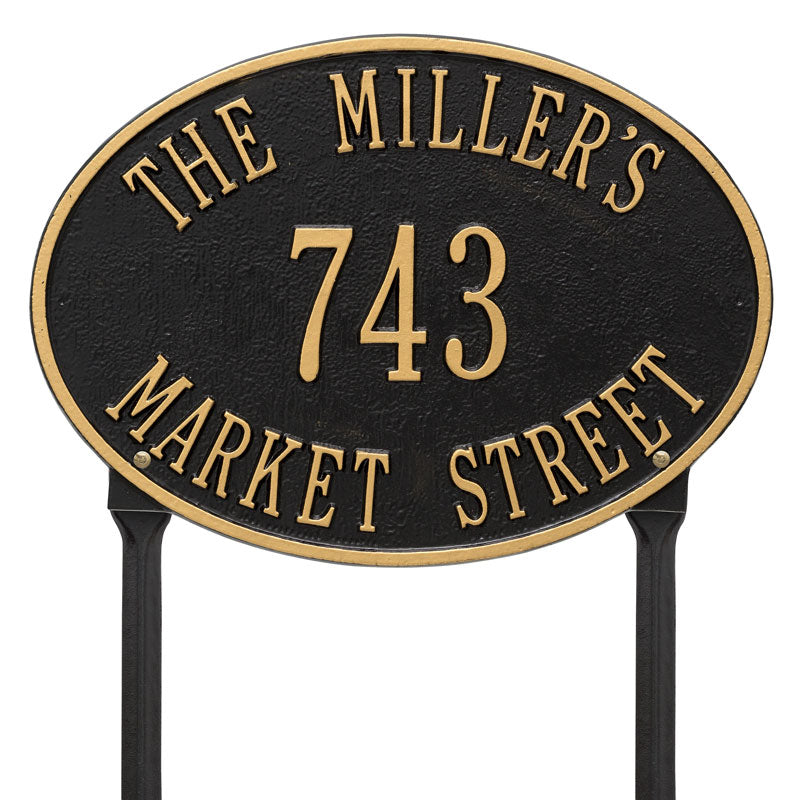 Whitehall Hawthorne Oval Standard Lawn 3-Line Personalized Address Plaque - Black/Gold