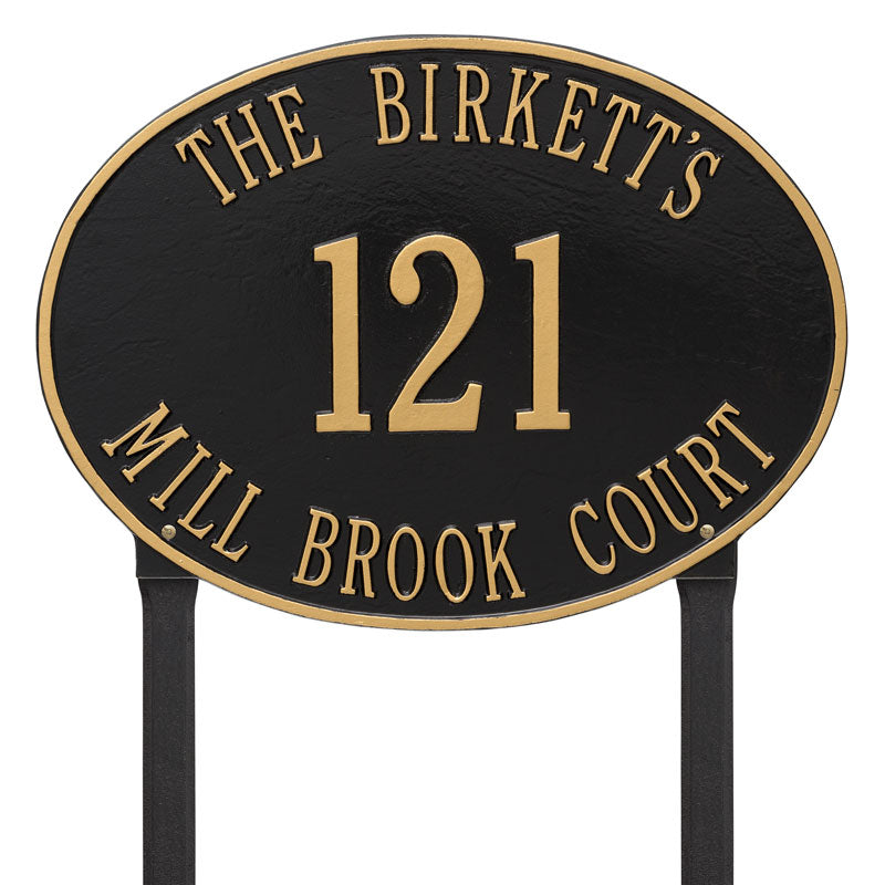 Whitehall Hawthorne Oval Estate Lawn 3-Line Personalized Address Plaque - Black/Gold