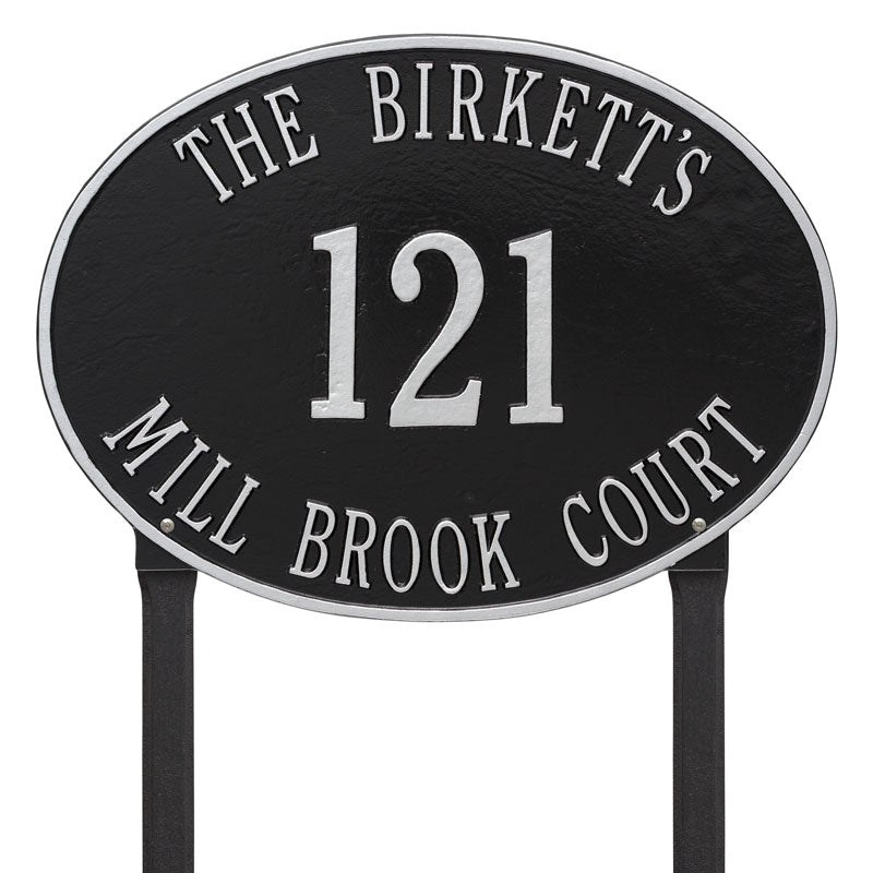 Whitehall Hawthorne Oval Estate Lawn 3-Line Personalized Address Plaque - Black/Silver