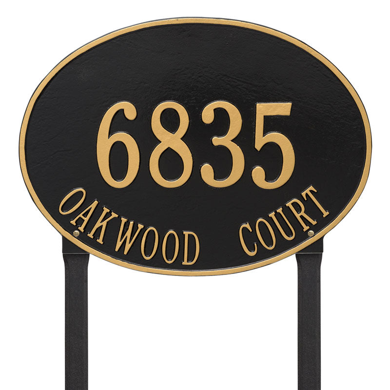Whitehall Hawthorne Oval Estate Lawn 2-Line Personalized Address Plaque - Black/Gold