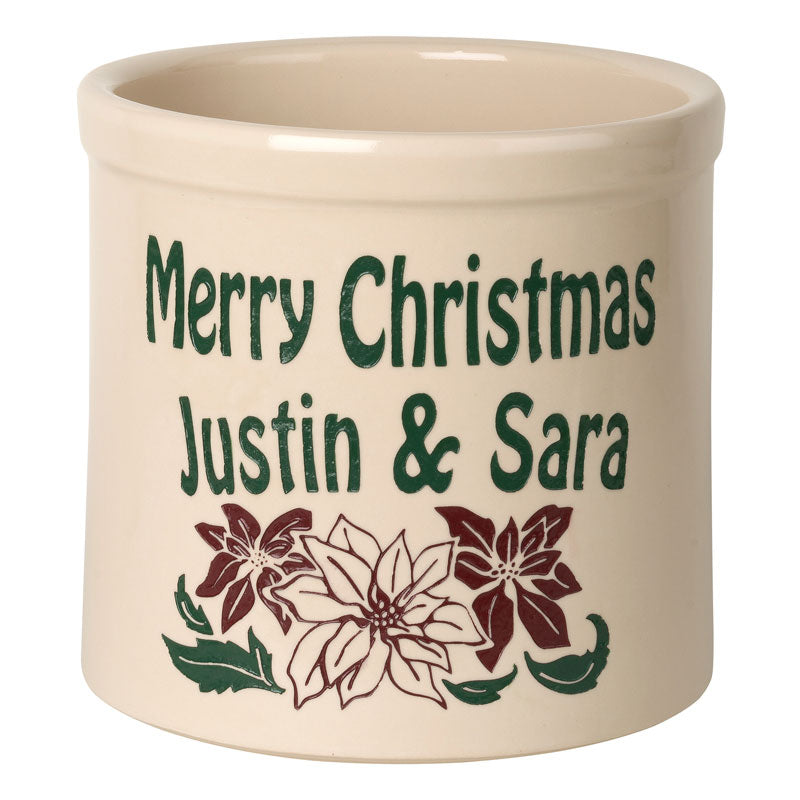Whitehall Poinsettia 2 Gallon Stoneware Personalized Crock - Bristol Crock, Multi Color Engraving
