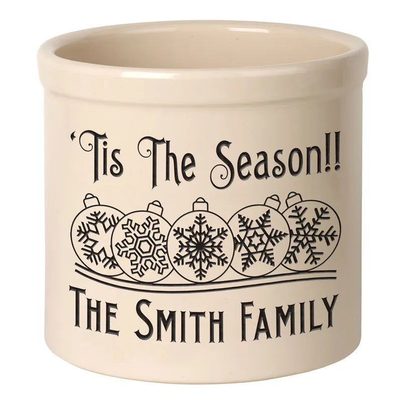 Whitehall Snowflake Ornament 2 Gallon Stoneware Personalized Crock - Bristol Crock, Black Engraving