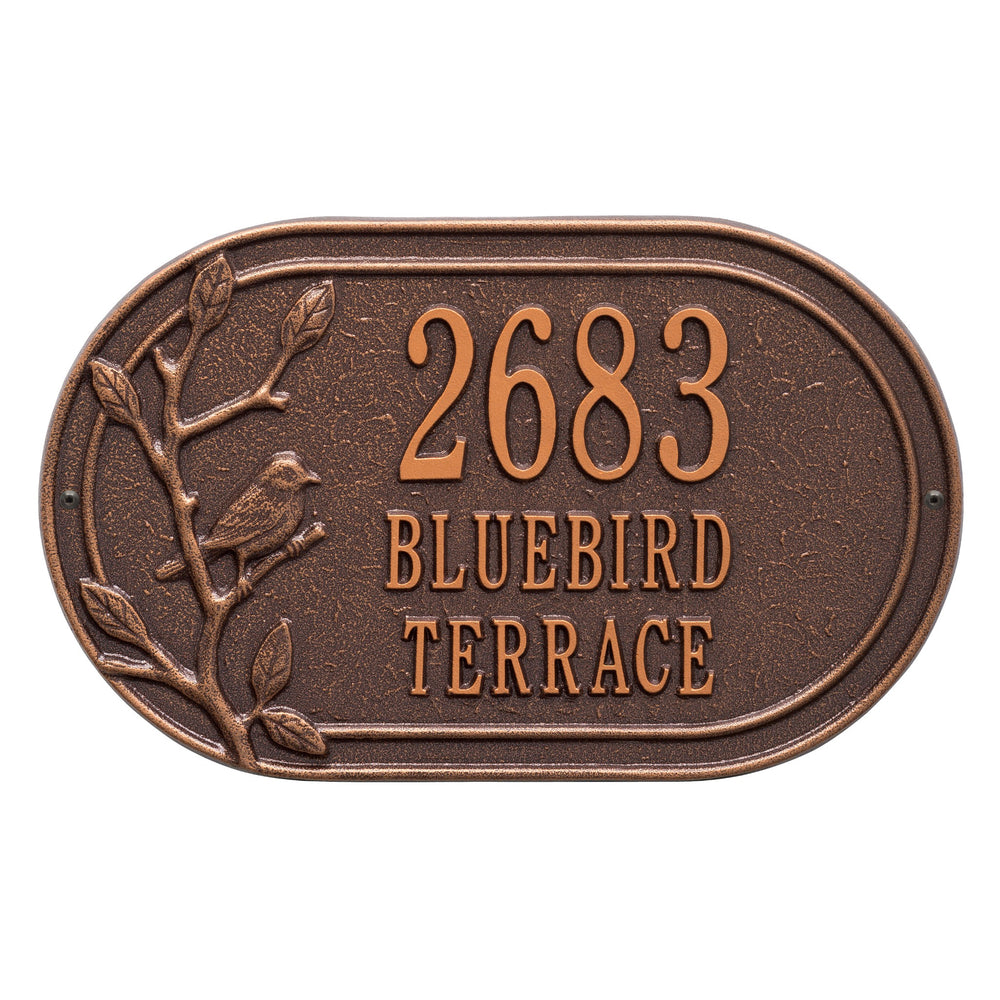 Whitehall Woodridge Bird Oval Standard Wall 3-Line Personalized Address Plaque - Antique Copper