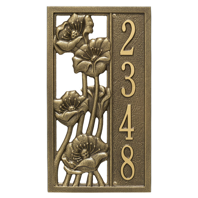 Whitehall Flowering Poppies Vertical 1-Line Personalized Address Plaque - Antique Brass