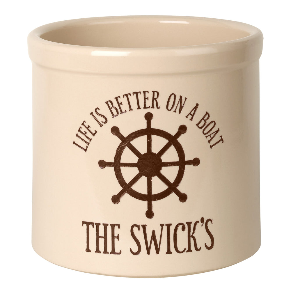 Whitehall Life Is Better On a Boat Personalized Crock - Bristol Crock, Brown Engraving