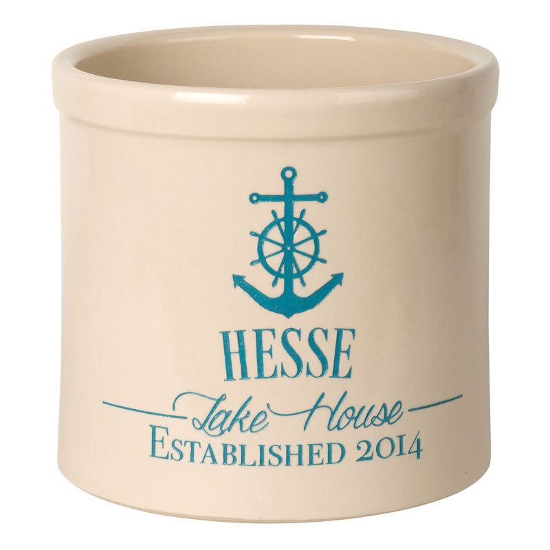 Whitehall Anchor Lake House Personalized Crock - Bristol Crock With Sea Blue Etching