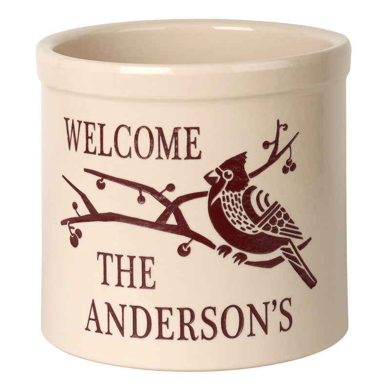 Whitehall Deco Cardinal Welcome 2 Gallon Stoneware Personalized Crock - Bristol Crock, Red Engraving