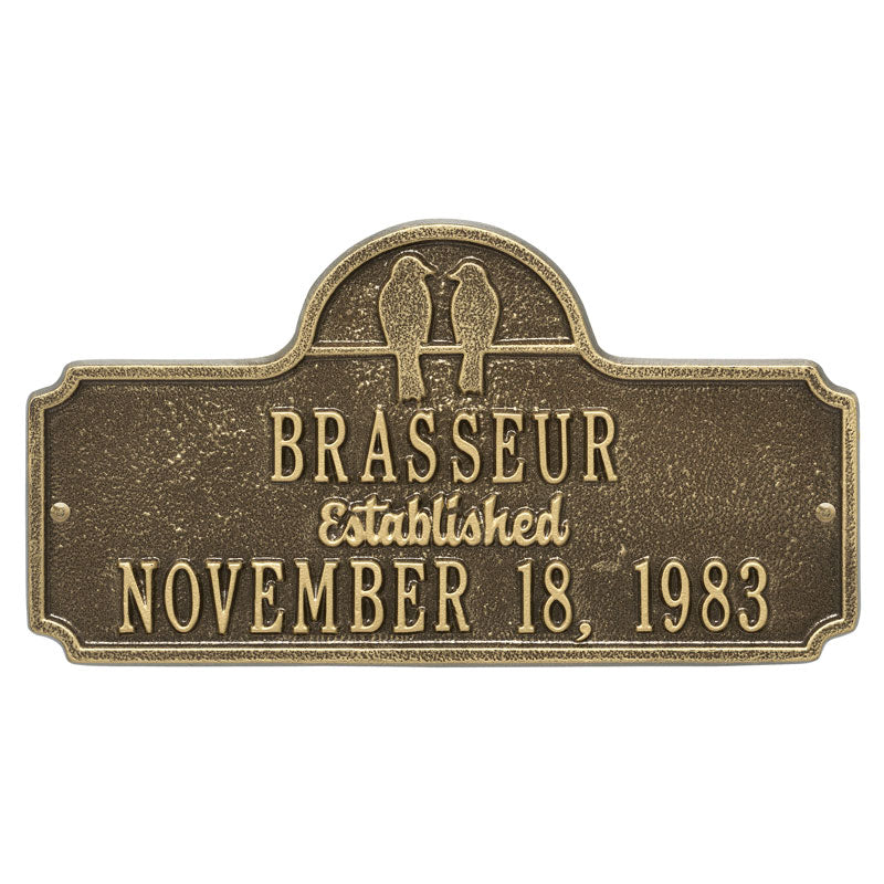 Whitehall Love Birds Anniversary Wedding Personalized Plaque - Antique Brass