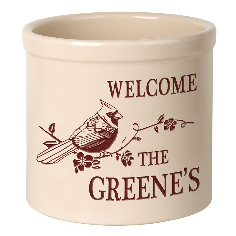 Whitehall Perched Cardinal Welcome 2 Gallon Stoneware Personalized Crock - Bristol Crock, Red Engraving